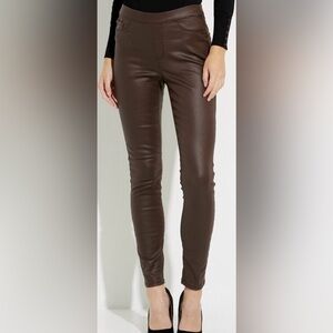 CHARLIE B Waxed Twill Infinity Slim Pant Brown Size 4 Matte Faux Leather EUC